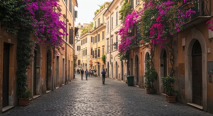 Fototapeta premium Cobblestone street in Rome adorned with vibrant bougainvillea flowers
