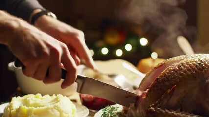 Cozy 4K Close-Up of Carving a Thanksgiving Turkey - Holiday Feast Preparation
- Powered by Adobe