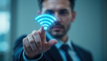 Businessman touching a glowing wifi icon, illustrating seamless connectivity