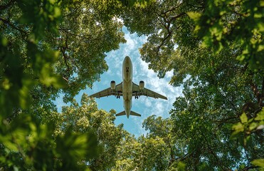 Obraz premium Photograph of an Airplane Flying in the Sky Between Clouds.