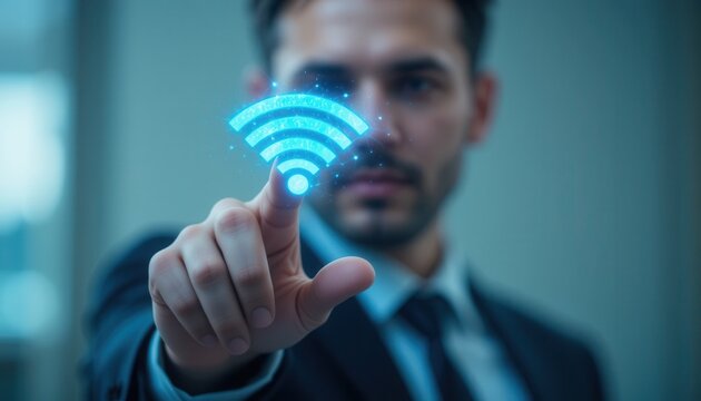 Businessman touching a glowing wifi icon, illustrating seamless connectivity