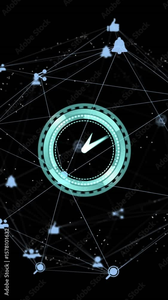 Poster animation of digital clock over connected dots forming globe against black background