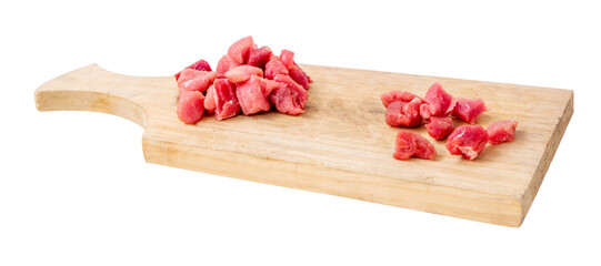Beef sliced on an isolated cutting board against a white background.