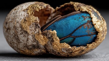 Blue Morpho Butterfly Wing Emerging from a Gilded Eggshell