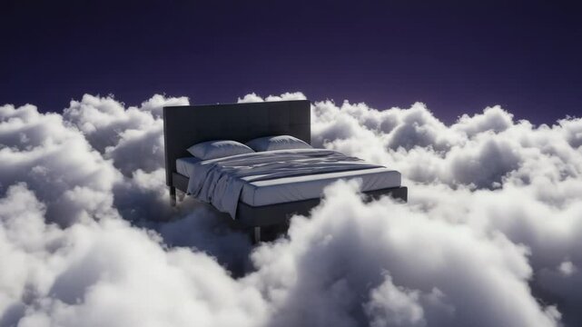Dreamscape: A floating bed gently traversing soft clouds beneath a starlit night sky