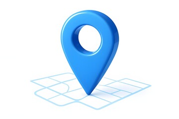 Bright blue 3d location pin marker on a stylized map grid