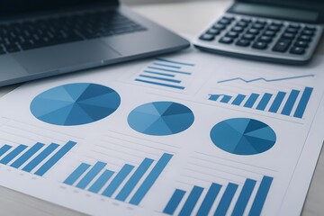 Financial analysis with charts and graphs on a desk with a laptop and a calculator