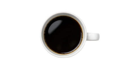 Aromatic delight: An overhead shot of steaming black coffee in a white mug