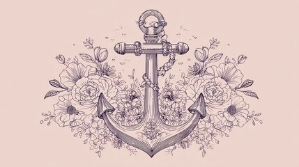 Elegant anchor surrounded by delicate floral motifs