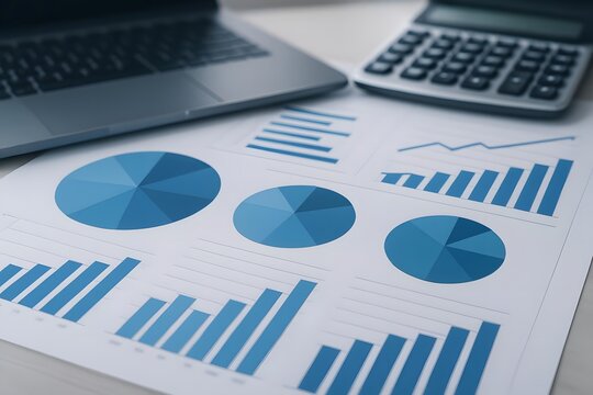 Financial analysis with charts and graphs on a desk with a laptop and a calculator