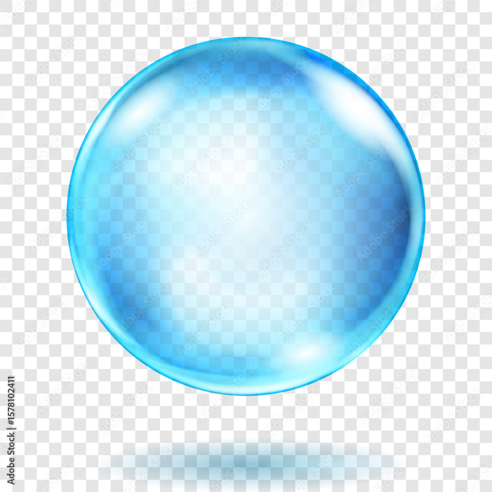 Wall mural large translucent light blue sphere with highlights and soft shadow on transparent background, vecto