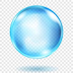 Large translucent light blue sphere with highlights and soft shadow on transparent background, vector illustration for design projects and creating creative works.