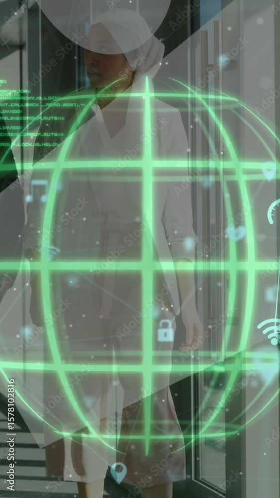 Poster animation of globes and connected icons over diverse coworkers discussing while walking in corridor