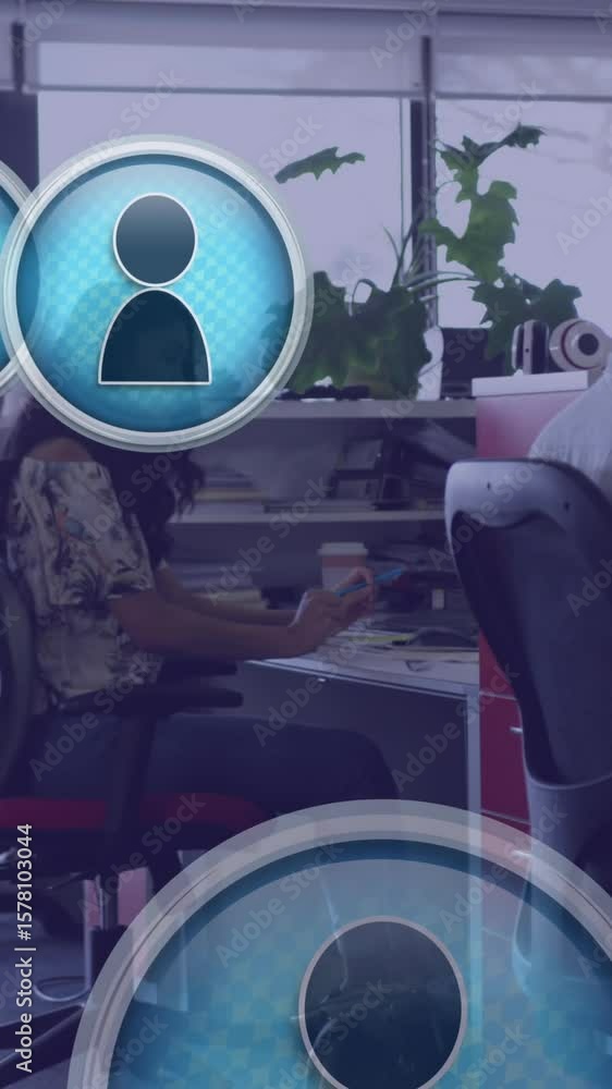 Poster animation of multiple profile icons floating against diverse people working at office