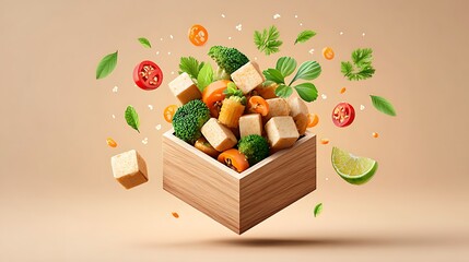 Tofu Stir-Fry Encased in Geometric Cube Floating with Light Refraction Minimal Ivory Background Conceptual Food Art