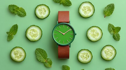Thin Cucumber Slices Shaped as Watch Dial with Mint Leaf Straps Glowing Lightly on Pastel Green Background Minimal Food Art