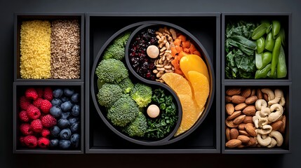 Symmetrical Meal Prep Box Arrangement Yin-Yang Formation Colorful Healthy Food Turmeric Rice Berries Greens Nuts Clean Minimal Design

