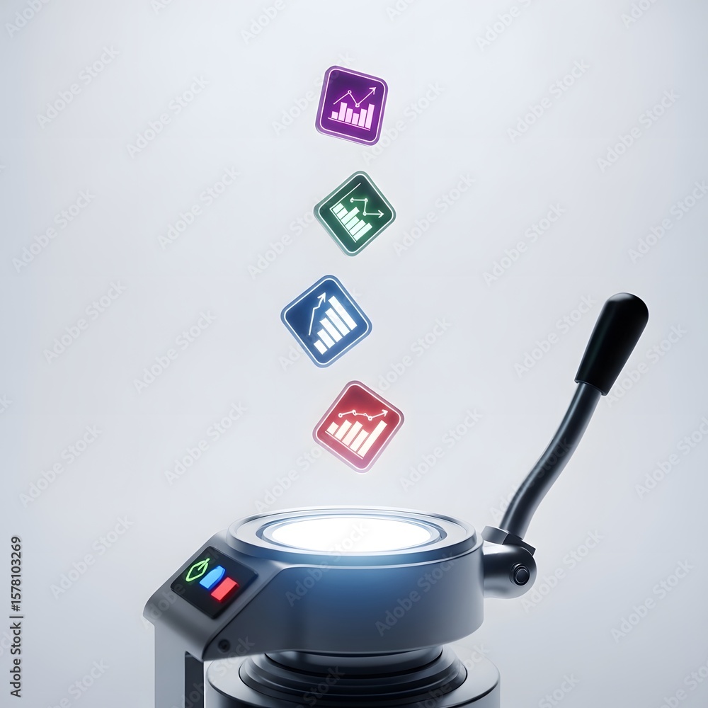 Poster futuristic machine displaying floating digital icons on white background with light effects