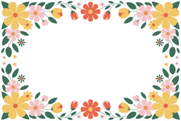 Obraz premium Floral frame with yellow, orange, and pink blossoms and green leaves creates a charming botanical design.