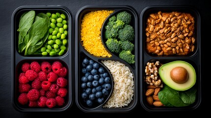 Symmetrical Meal Prep Boxes in Yin-Yang Formation Filled with Turmeric Rice Berries Leafy Greens Nuts Minimalist Zen Food Photography