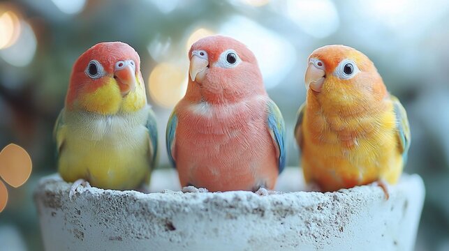 Three colorful baby parakeets