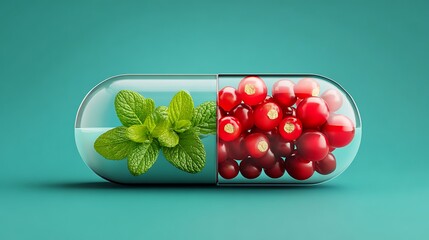 Translucent Coconut Jelly Capsule Filled with Spirulina Powder Pomegranate Seeds Centered on Soft Mint Background Futuristic Wellness Concept

