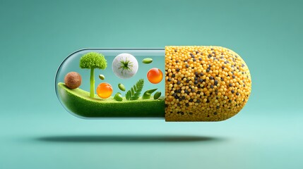 Transparent Capsule Filled with Green Spirulina Turmeric Gel Flaxseed Beads Hovering Light Mint Background Wellness Biotech Concept