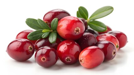 Fresh Ripe Cranberries with Green Leaves on White Background
