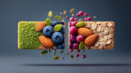 Healthy Vegan Protein Bar Split Open Floating Hemp Seeds Blueberries Oats Minimalistic Clean Gray Backdrop Sharp Focus Food Photography