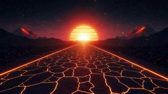 Volcanic landscape road leads to sunset with lava volcanoes, adventure and fantasy world