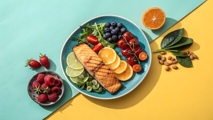 Healthy Salmon Plate with Citrus, Berries, Leafy Greens and Colorful Superfoods