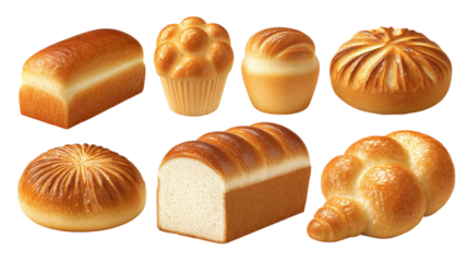 Collection of brioche bread including buns and loaf shapes for food branding, isolated on tranparent background 