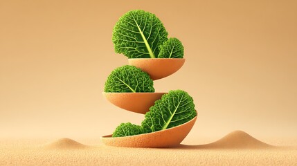 Green Kale Leaves Weightless Swirl Tornado Motion Sand Tone Background Vegan Healthy Minimal Food Photography