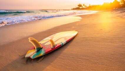 Colorful surfboard on sandy beach at golden hour sunset