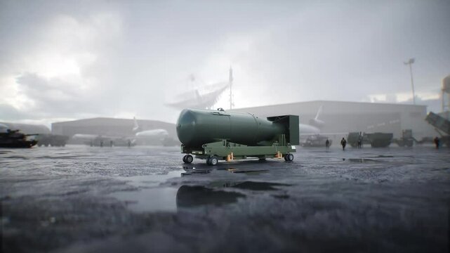 Military base. battle nuclear aerial bomb.