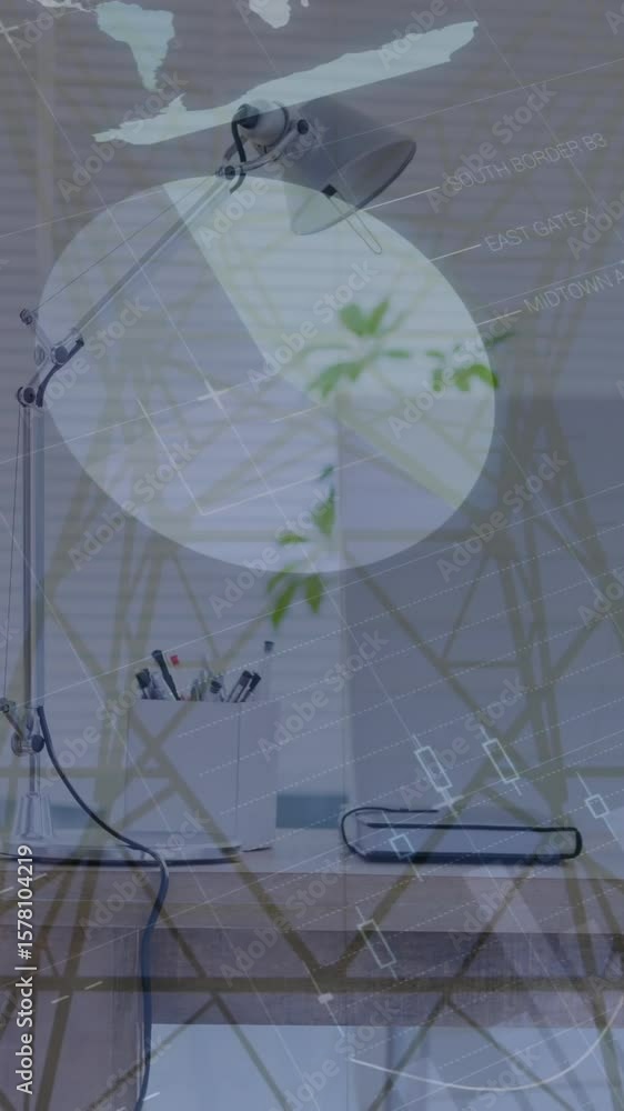 Poster animation of statistical data processing over office table against network towers