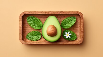 Whole Avocado in Wooden Tray with Mint Leaves and White Flower Minimalist Soft Tan Background Organic Food Photography