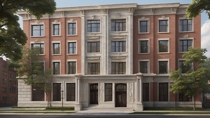 The classic brick facade of a traditional apartment building or townhouse with stone detailing