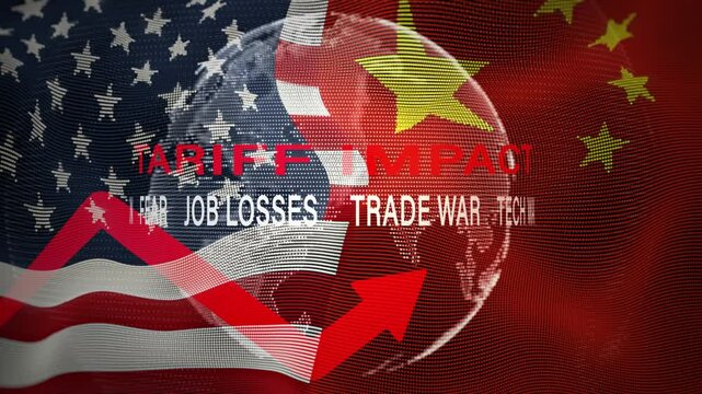 Global tariff impact with USA and China flags, rising red arrow, with recession, tech war, and instability. Ideal for economic conflict visuals.