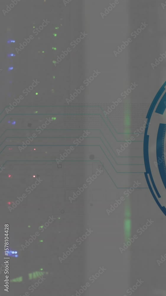 Poster animation of message block icon over round scanner against computer server room