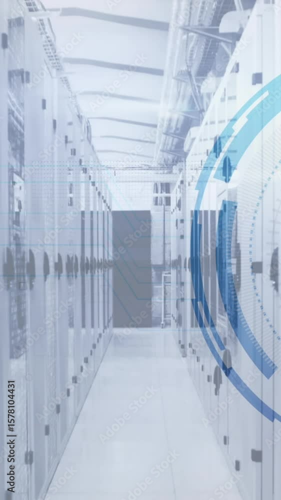 Poster animation of firewall icon over round scanner against computer server room