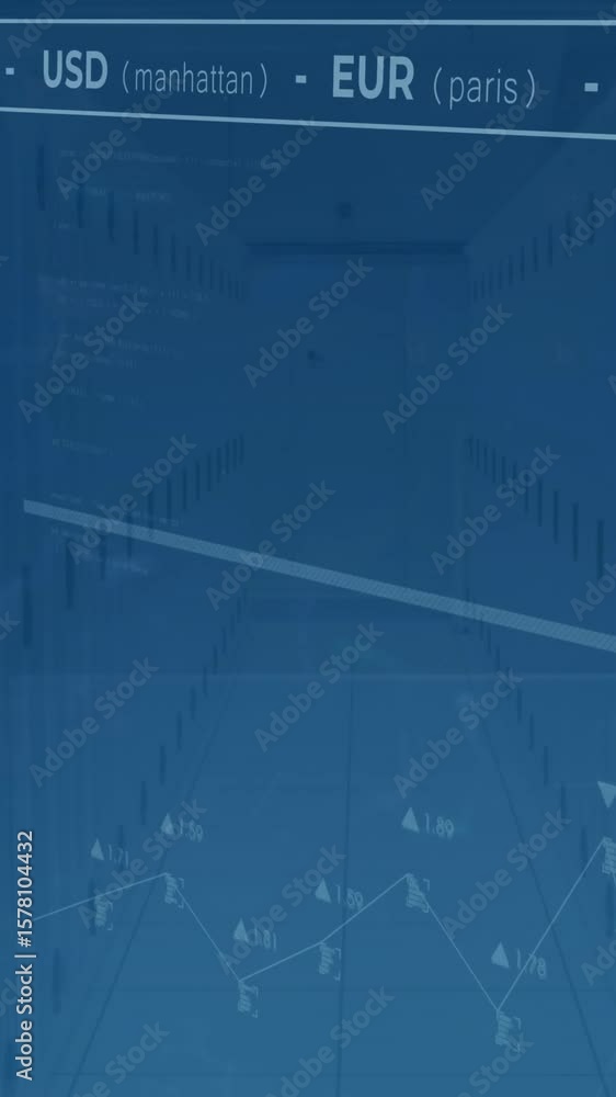 Poster animation of multiple graphs and currency signs moving over data center room
