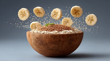 Deconstructed Smoothie Ingredients Zero Gravity Banana Oats Hemp Milk Frozen Motion Explosion Soft Minimal Background
