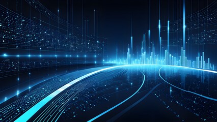 Abstract digital artwork depicting a glowing highway leading a futuristic cityscape night, symbolizing technological advancement progress.