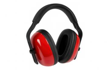 Protective red ear muffs blocking industrial noise, shielding hearing for workers in loud construction and manufacturing environments