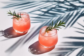 Two glasses of pink cocktails with ice and rosemary sit on a white surface with palm tree shadows, creating a refreshing summer vibe