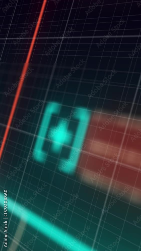 Poster animation of multiple geometric shapes and plus sign with computer language on grid