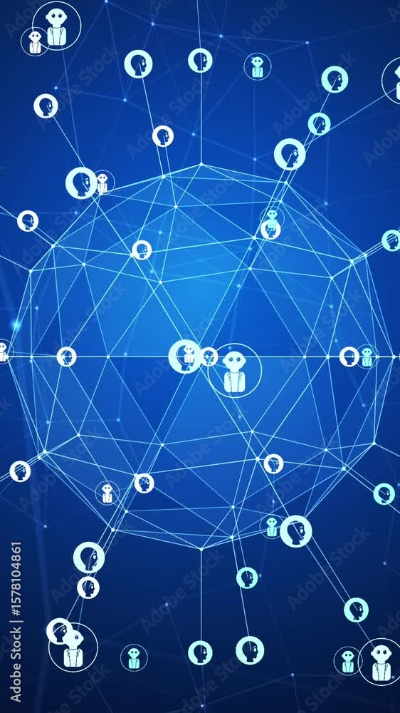 Poster animation of globe rotating with people and robot icons connected with lines
