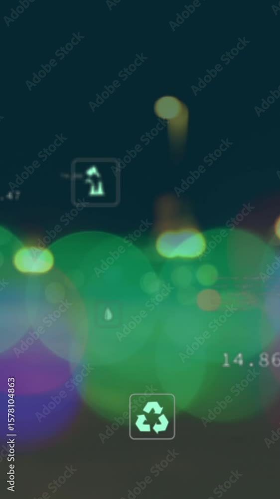 Aufkleber animation of multiple icons and computer language over blurred vehicles moving on street in city