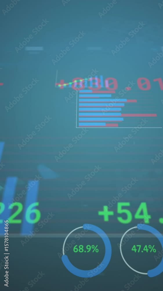 Poster animation of changing numbers over multiple graphs and trading board over blue background
